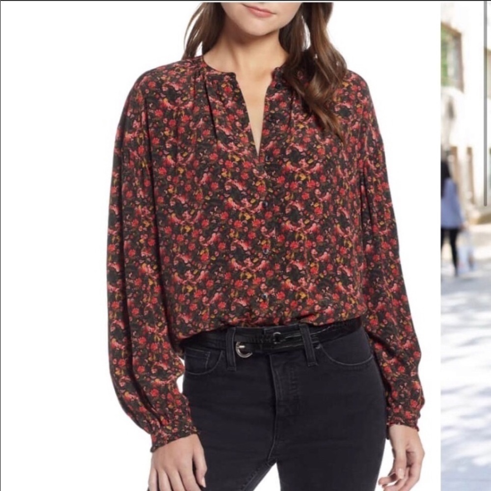 Something Navy Balloon Sleeve Floral Button Down Top